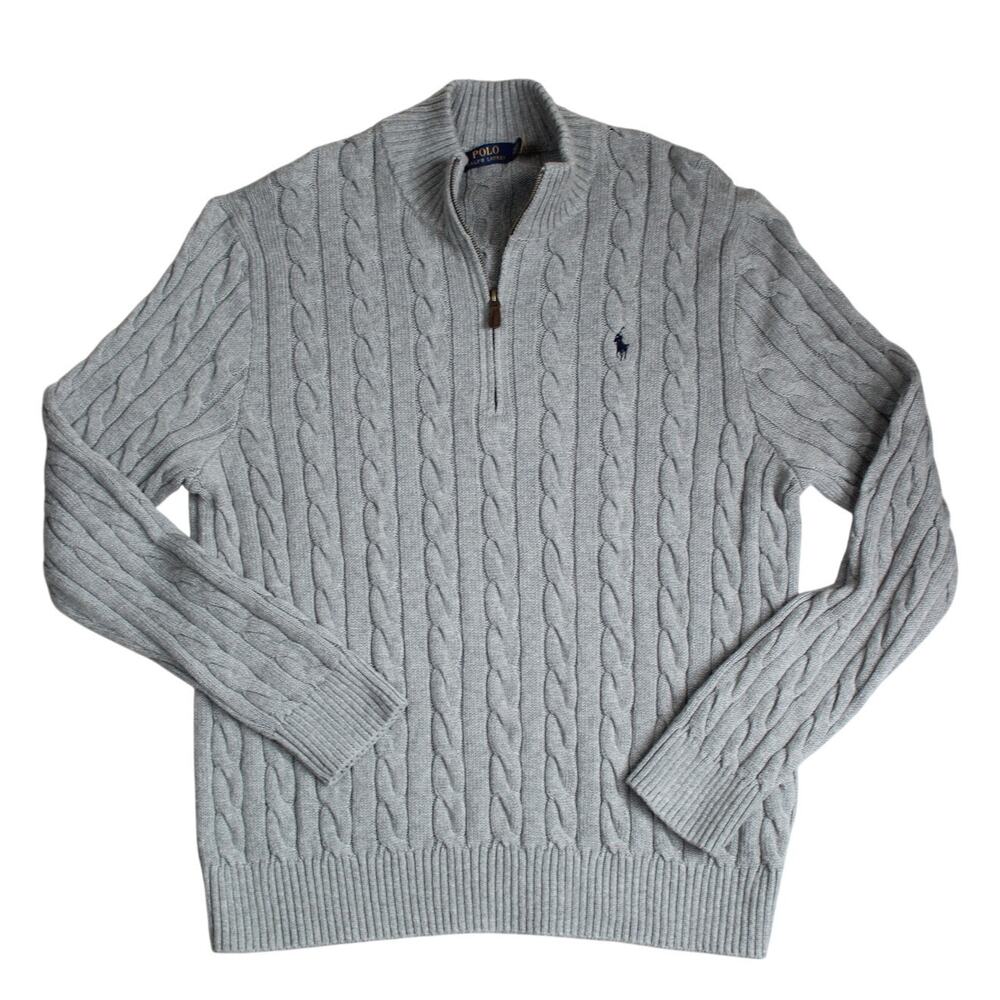 Polo Ralph Lauren Cable Knit Sweater Mens XXL Gray 1/4 Zip Cotton Preppy Logo